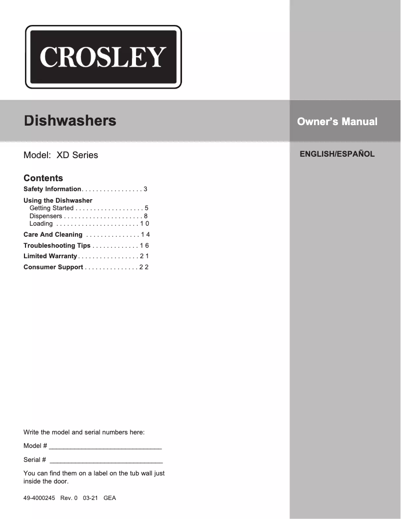 Page 1 de la notice Manuel d'utilisation et d'entretien Crosley XDF250PGRWW
