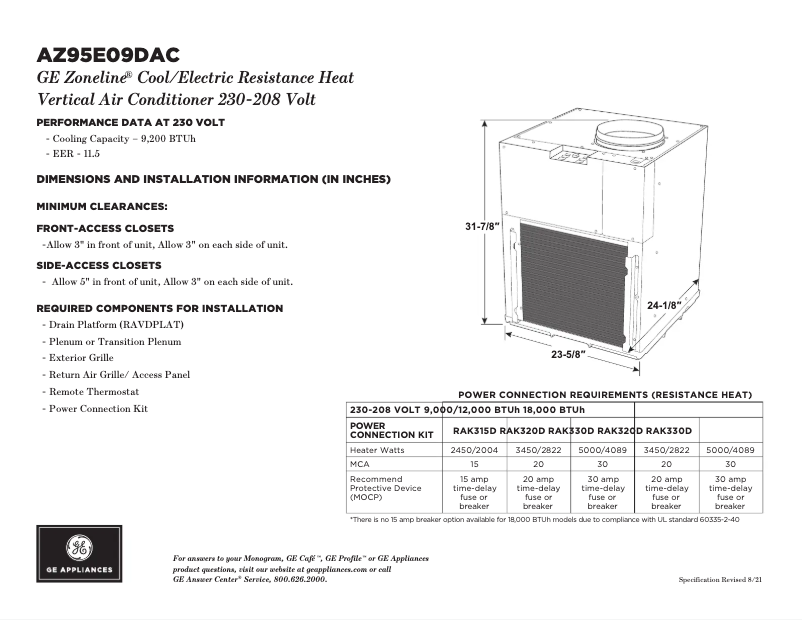 Page n°1 - Fiche technique GE AZ95E09DAC