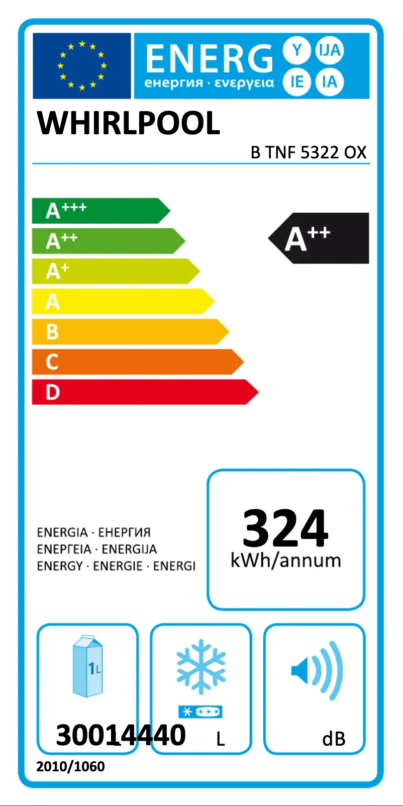 Page 1 of the manual Energy Label Whirlpool B TNF 5322 OX