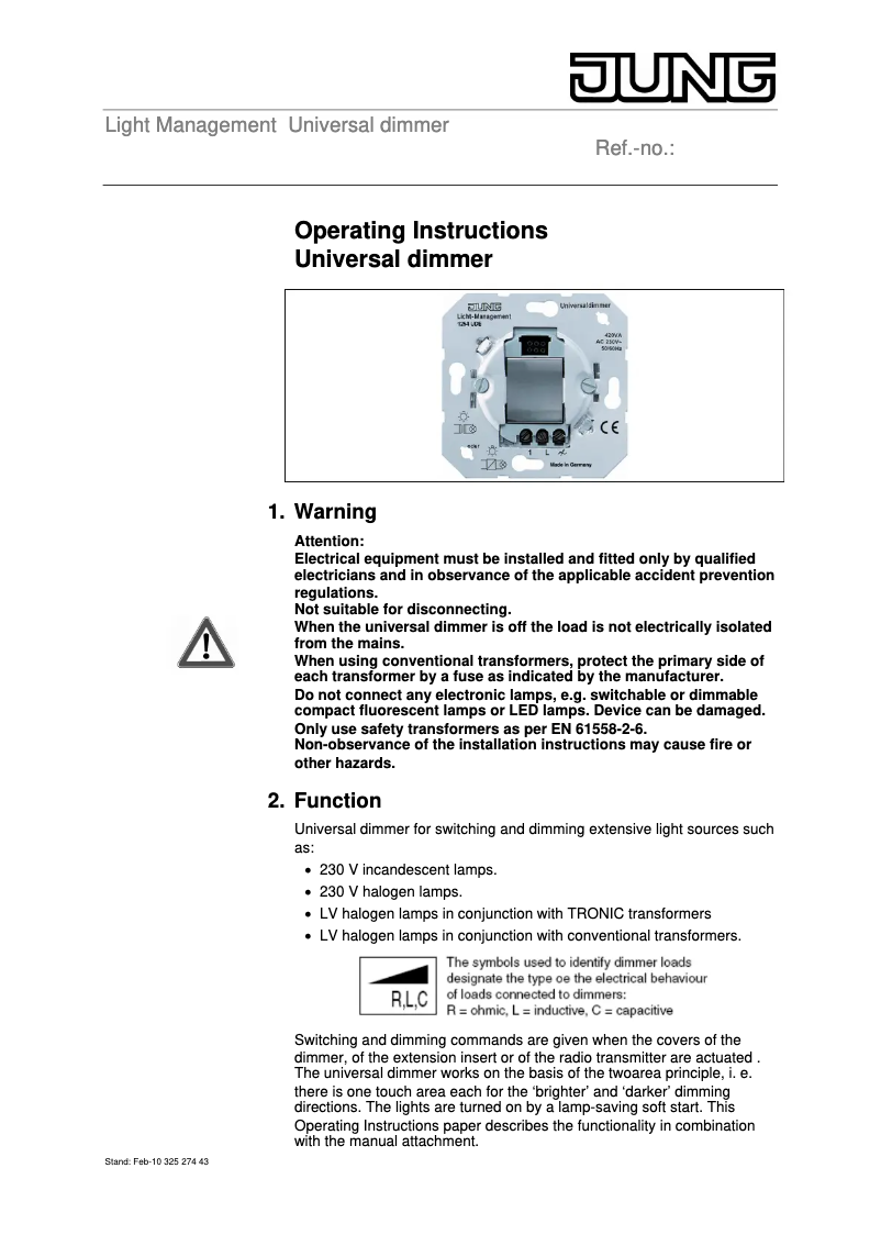Page 1 de la notice Manuel utilisateur JUNG 1254UDE