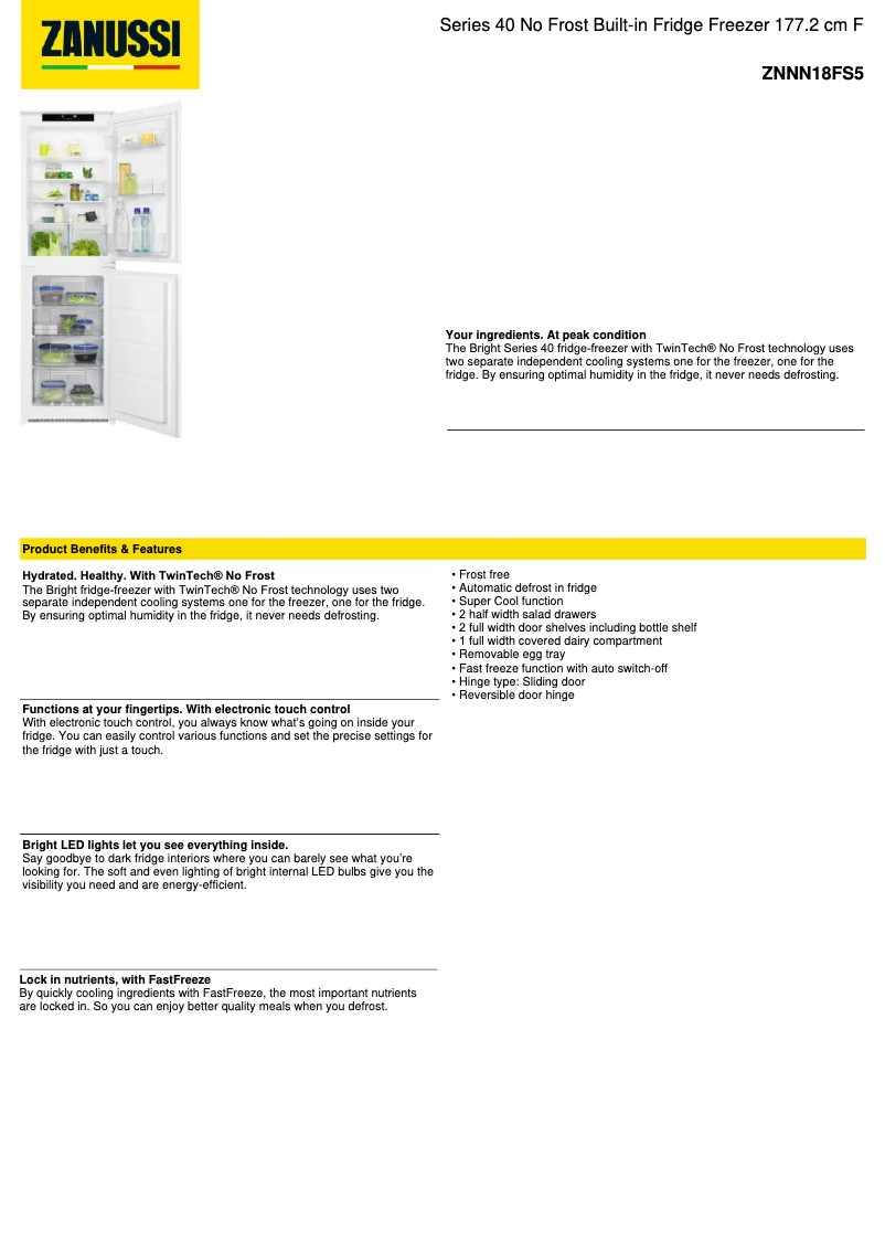 Page 1 de la notice Fiche technique Zanussi ZNNN18FS5