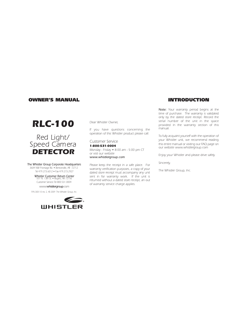 Page 1 de la notice Manuel utilisateur Whistler RLC-100