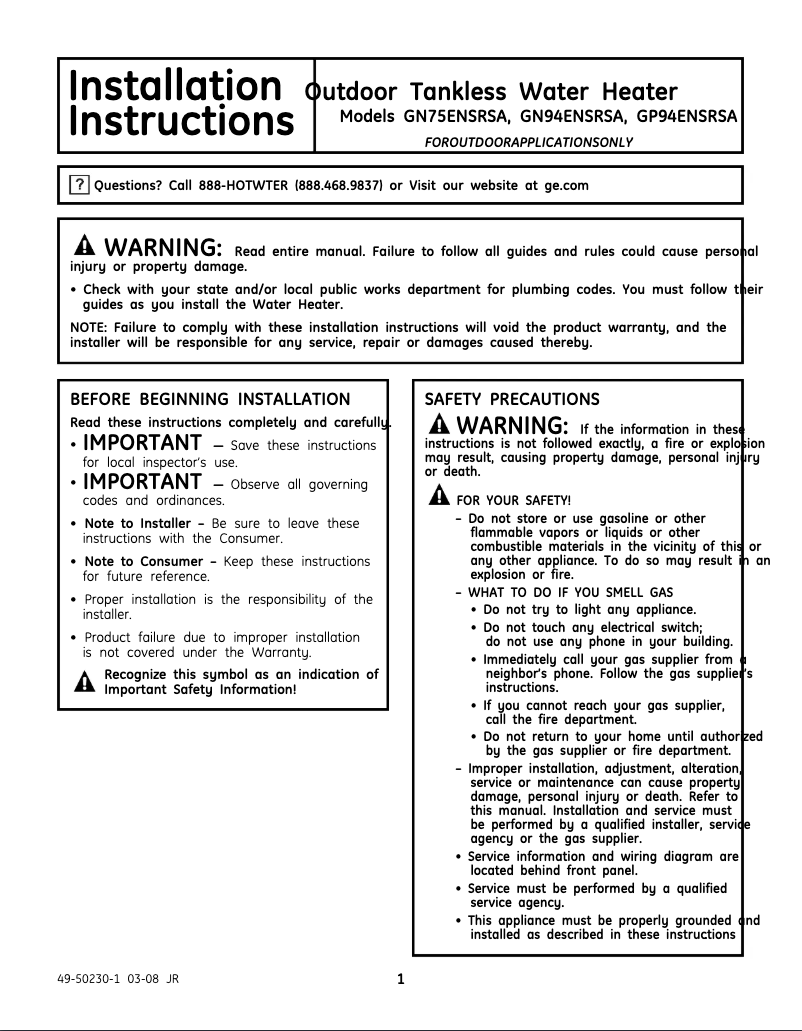 Page 1 de la notice Guide d'installation GE GN94ENSRSA