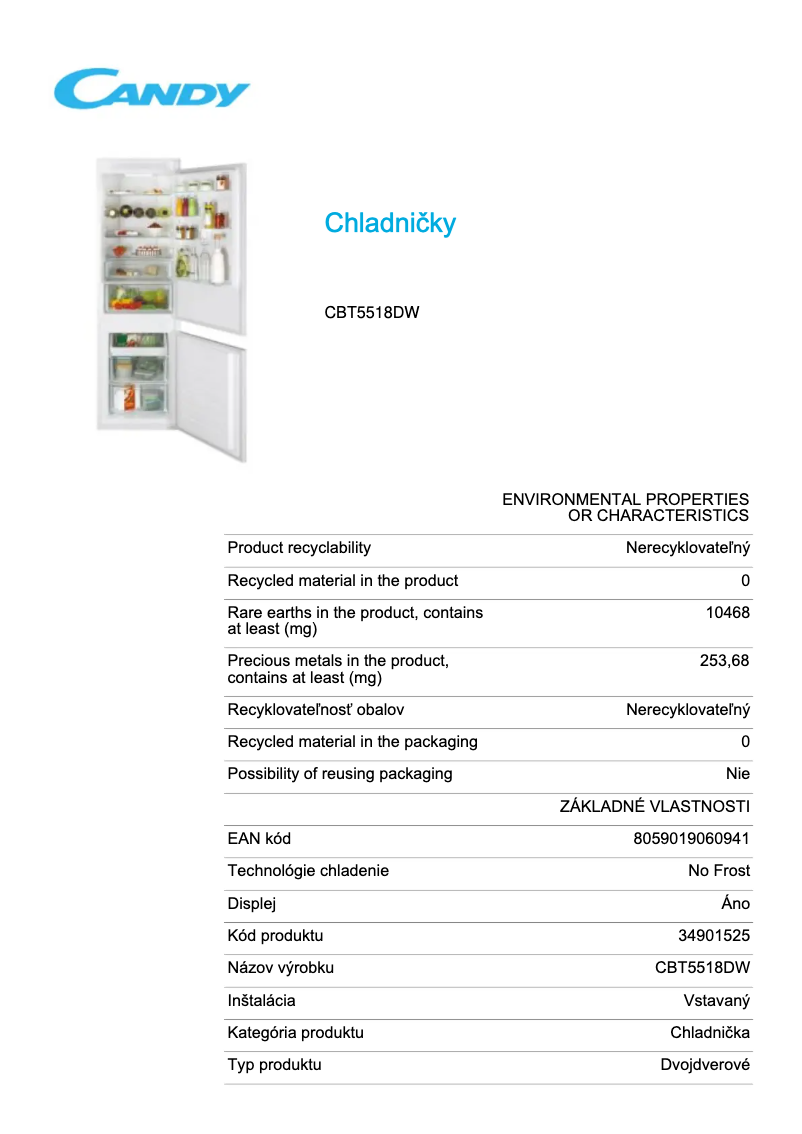 Page 1 de la notice Fiche technique Candy CBT5518DW