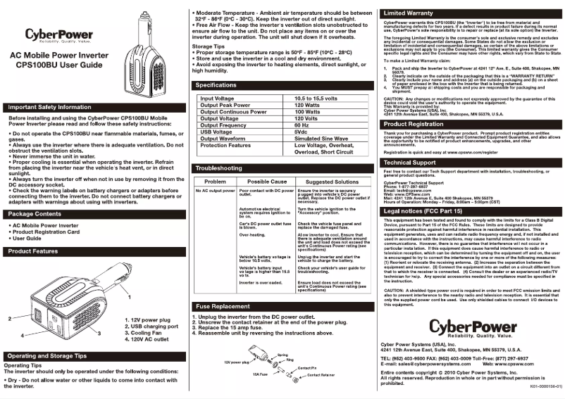 Page 1 de la notice Manuel utilisateur CyberPower CPS100BU