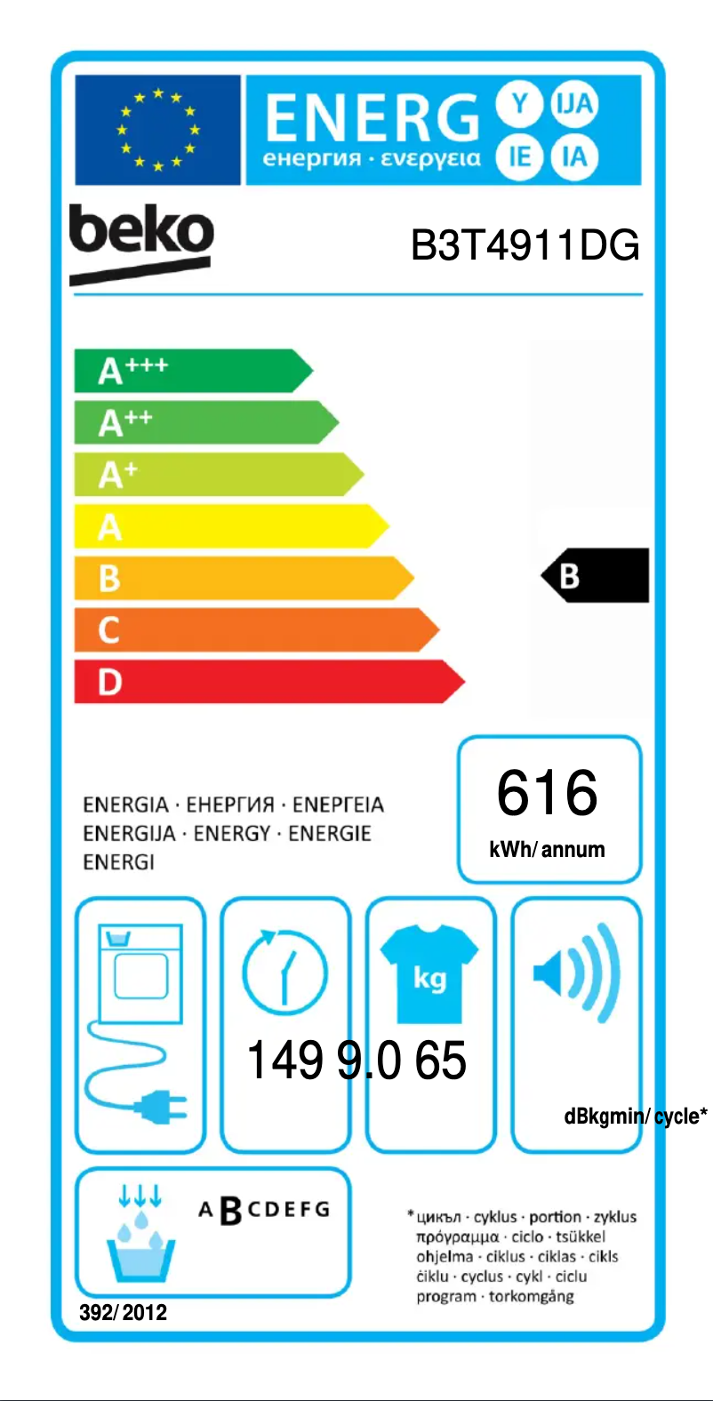 Page 1 de la notice Label énergétique Beko B3T4911DG