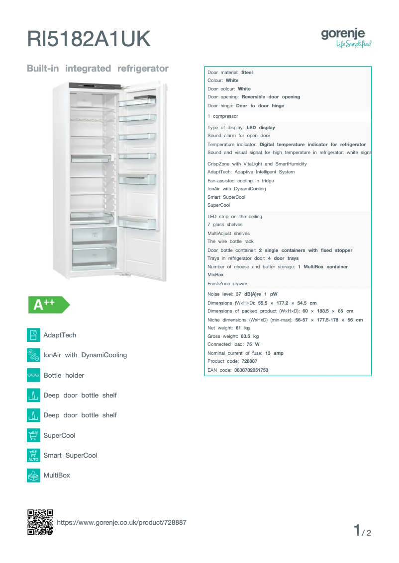Página 1 del manual Ficha técnica Gorenje RI5182A1UK