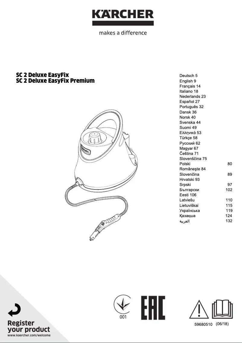 Page 1 de la notice Manuel utilisateur Kärcher SC 2 Deluxe EasyFix Premium