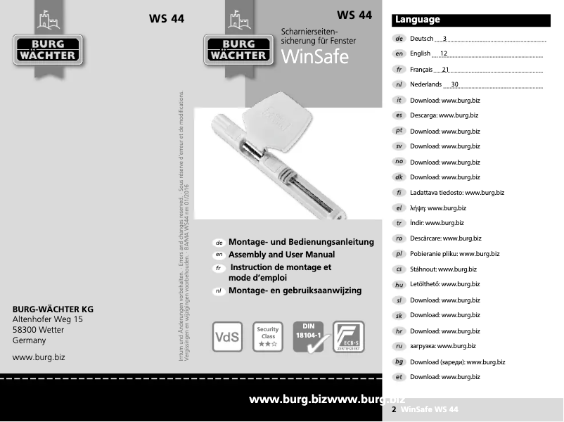 Page 1 de la notice Manuel utilisateur Burg Wächter WinSafe WS 44