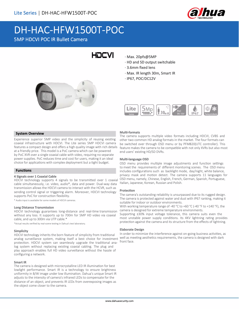 Page n°1 - Fiche technique Dahua Technology HAC-HFW1500T-POC