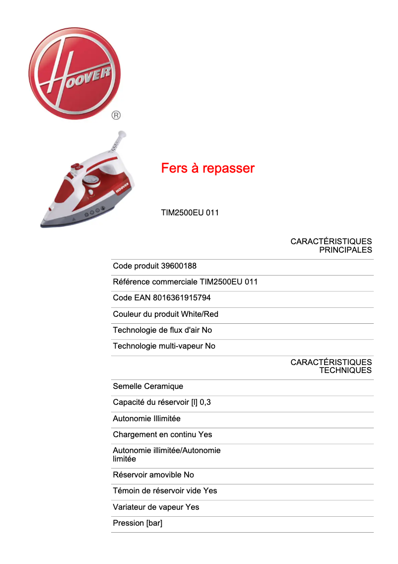 Page 1 de la notice Mode d'emploi Hoover IronJet TIM2500EU 011