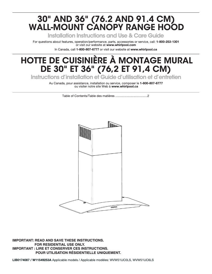 Page 1 de la notice Guide d'installation Whirlpool WVW51UC6LS