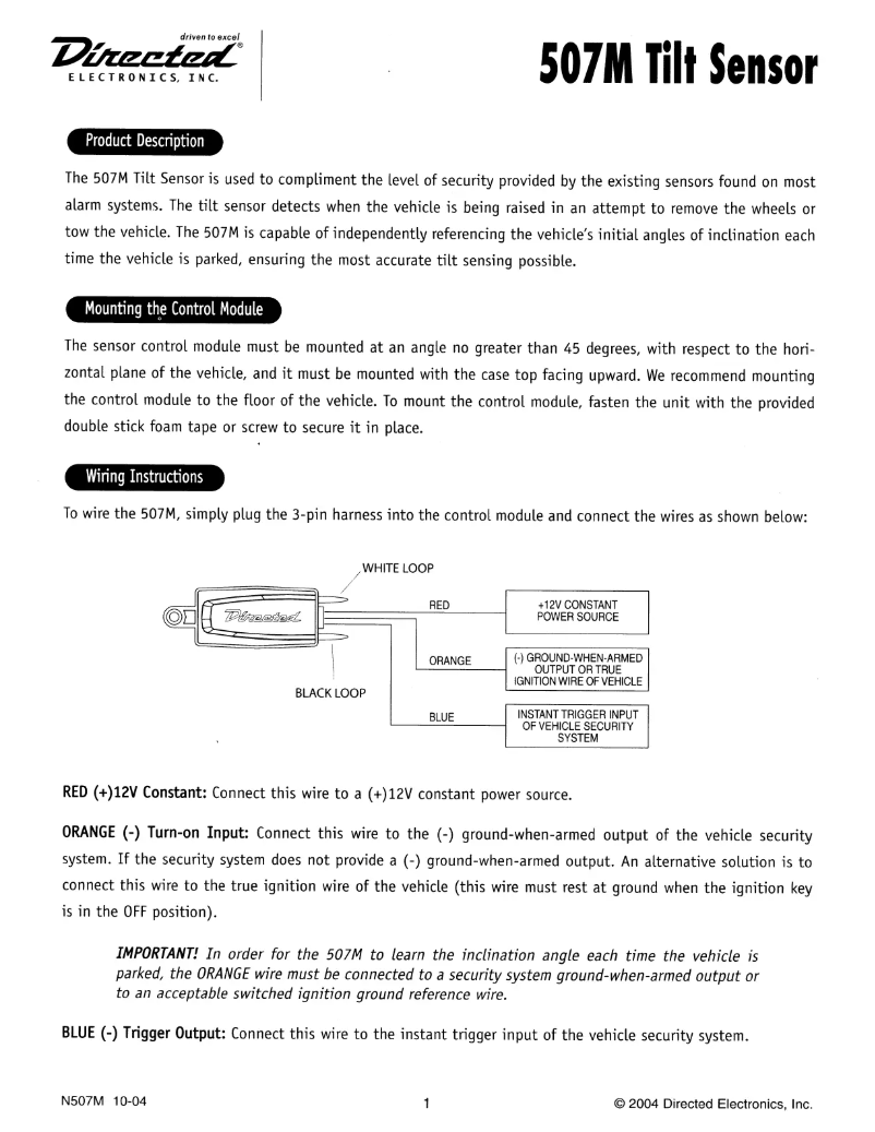Page 1 de la notice Manuel utilisateur Viper XpressKit 507M Tilt Sensor