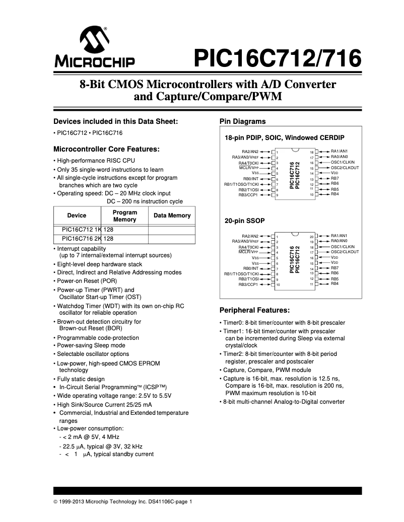 Page 1 de la notice Fiche technique Microchip PIC16C712