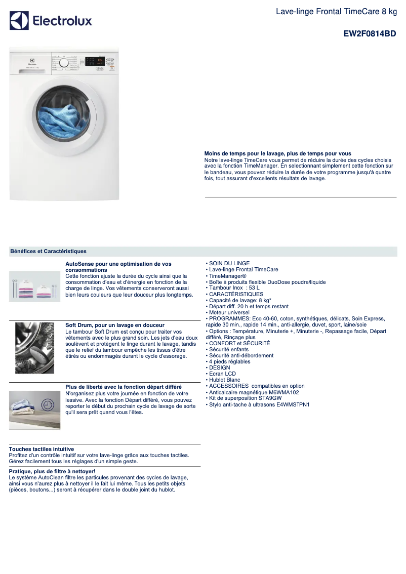 Page 1 de la notice Fiche technique Electrolux EW2F0814BD