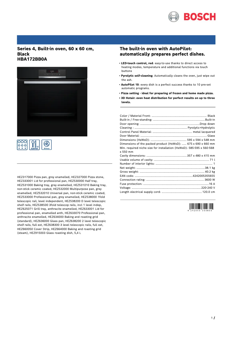 Página 1 del manual Ficha técnica Bosch HBA172BB0A