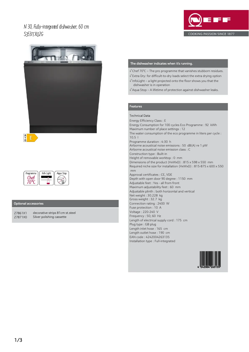 Page n°1 - Fiche technique Neff S353ITX02G