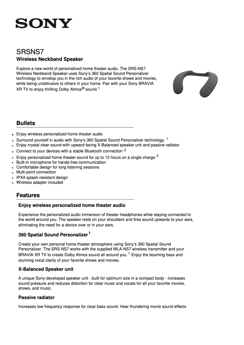 Página 1 del manual Ficha técnica Sony SRS-NS7