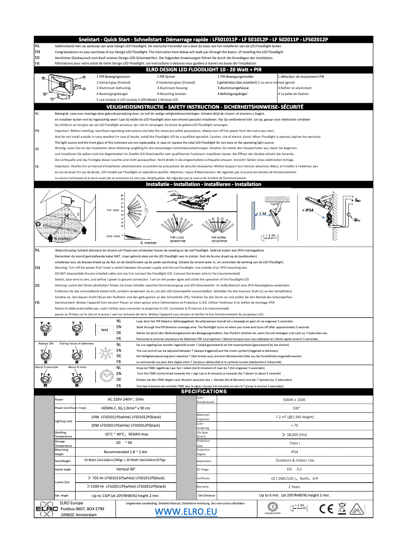 Page 1 de la notice Manuel utilisateur Elro LF502011P