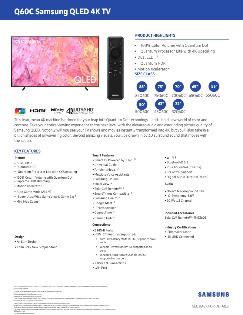 Page 1 de la notice Fiche technique Samsung QN55Q60CAF