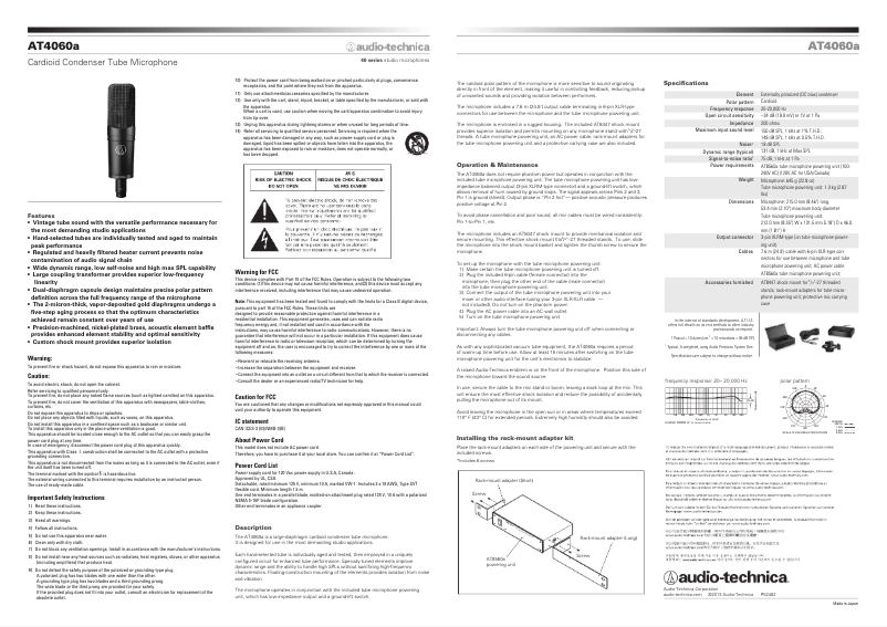 Page 1 de la notice Manuel utilisateur Audio-Technica AT4060A