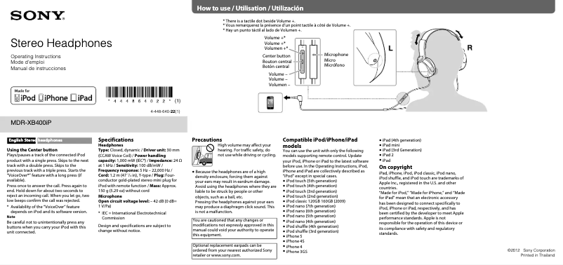 Page n°1 - Manuel utilisateur Sony MDR-XB400IP