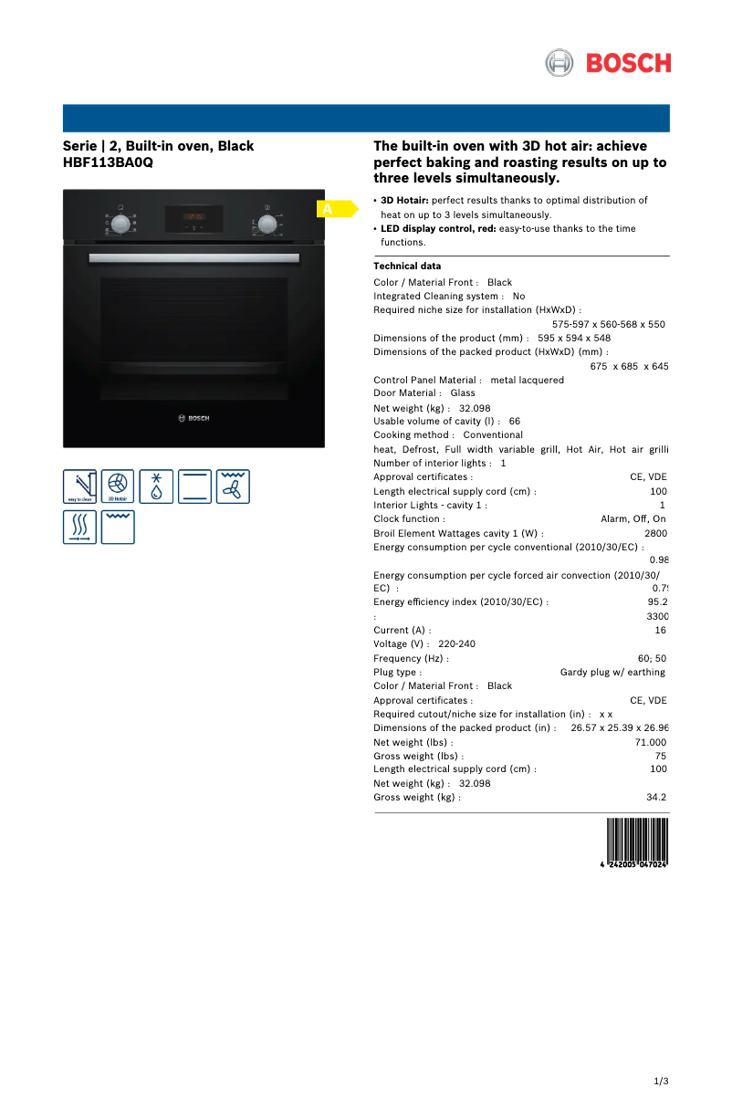 Page 1 de la notice Manuel utilisateur Bosch HBF113BA0Q