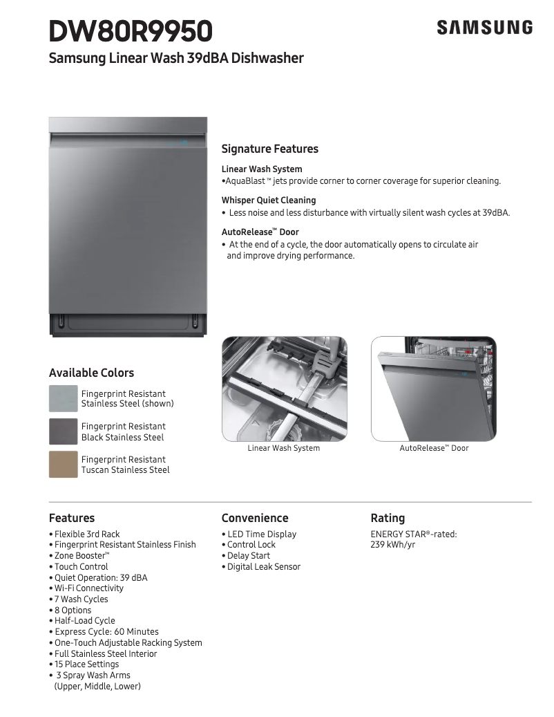 Page n°1 - Fiche technique Samsung DW80R9950US