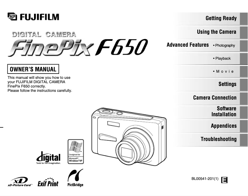 Image de la première page du manuel de l'appareil FinePix F650