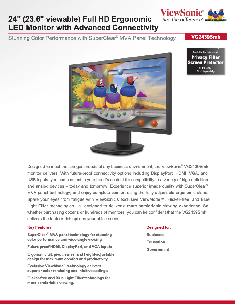 Page 1 de la notice Fiche technique Viewsonic VG2437Smc