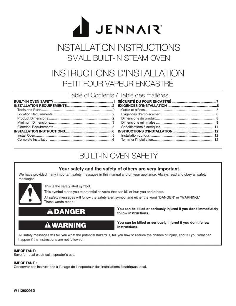Page 1 de la notice Guide d'installation Jenn-Air JJW6024HM