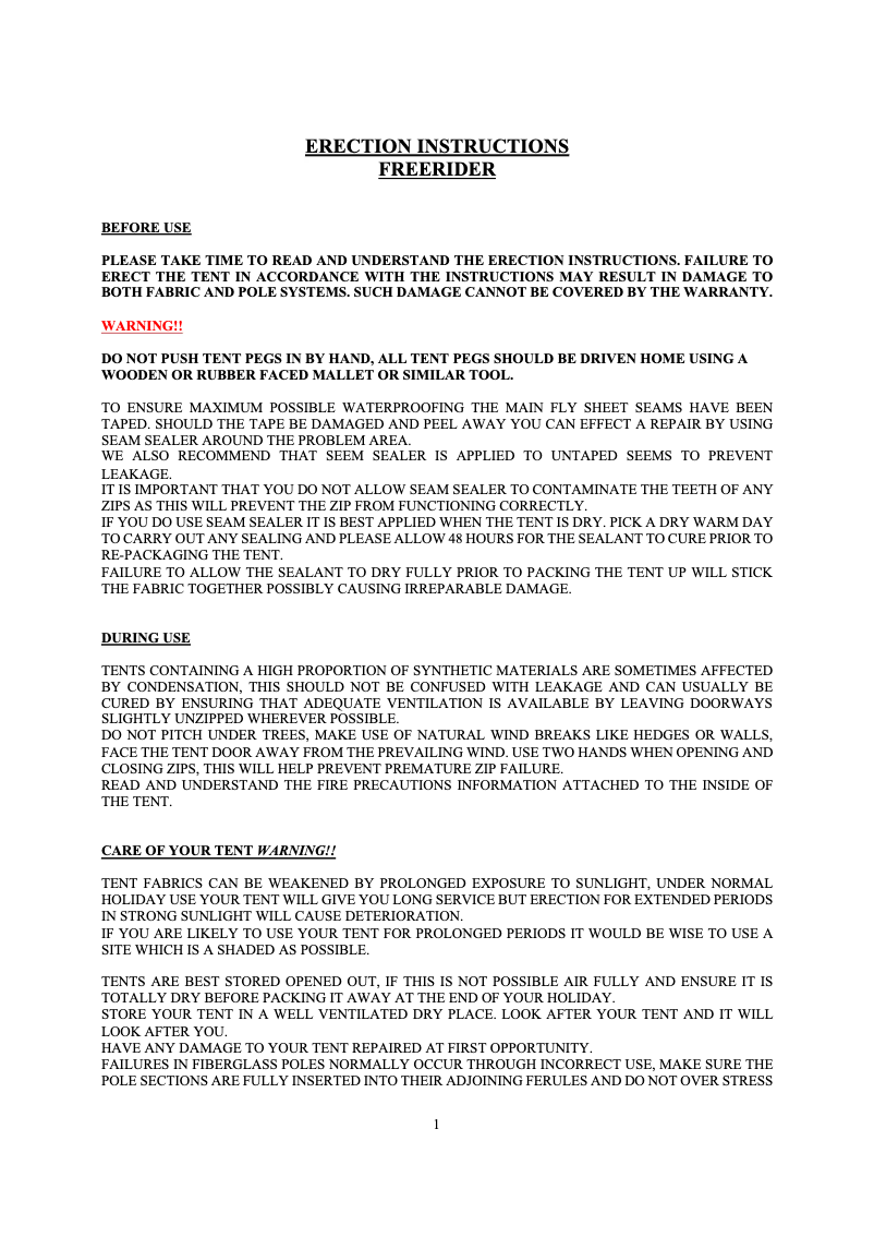 Page n°1 - Manuel utilisateur Khyam Freerider