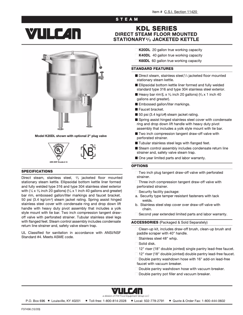 Page 1 de la notice Fiche technique Vulcan K60DL