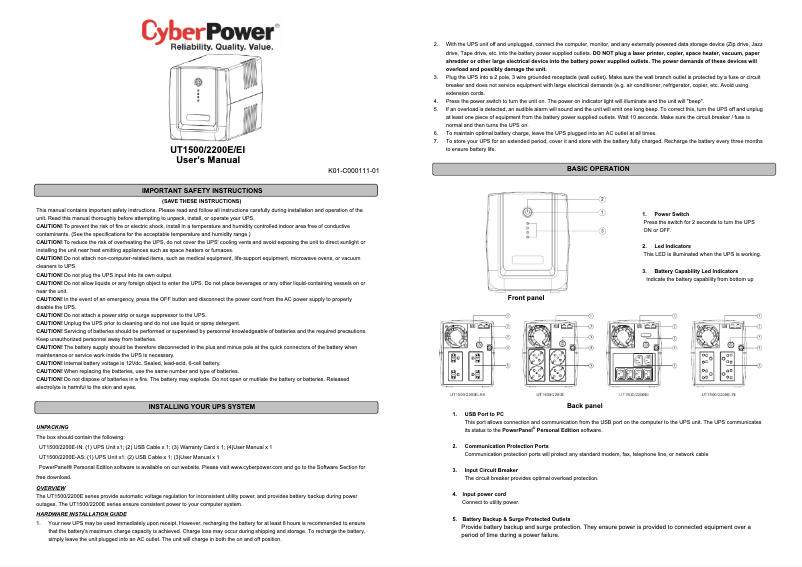 Page 1 de la notice Manuel utilisateur CyberPower UT2200E