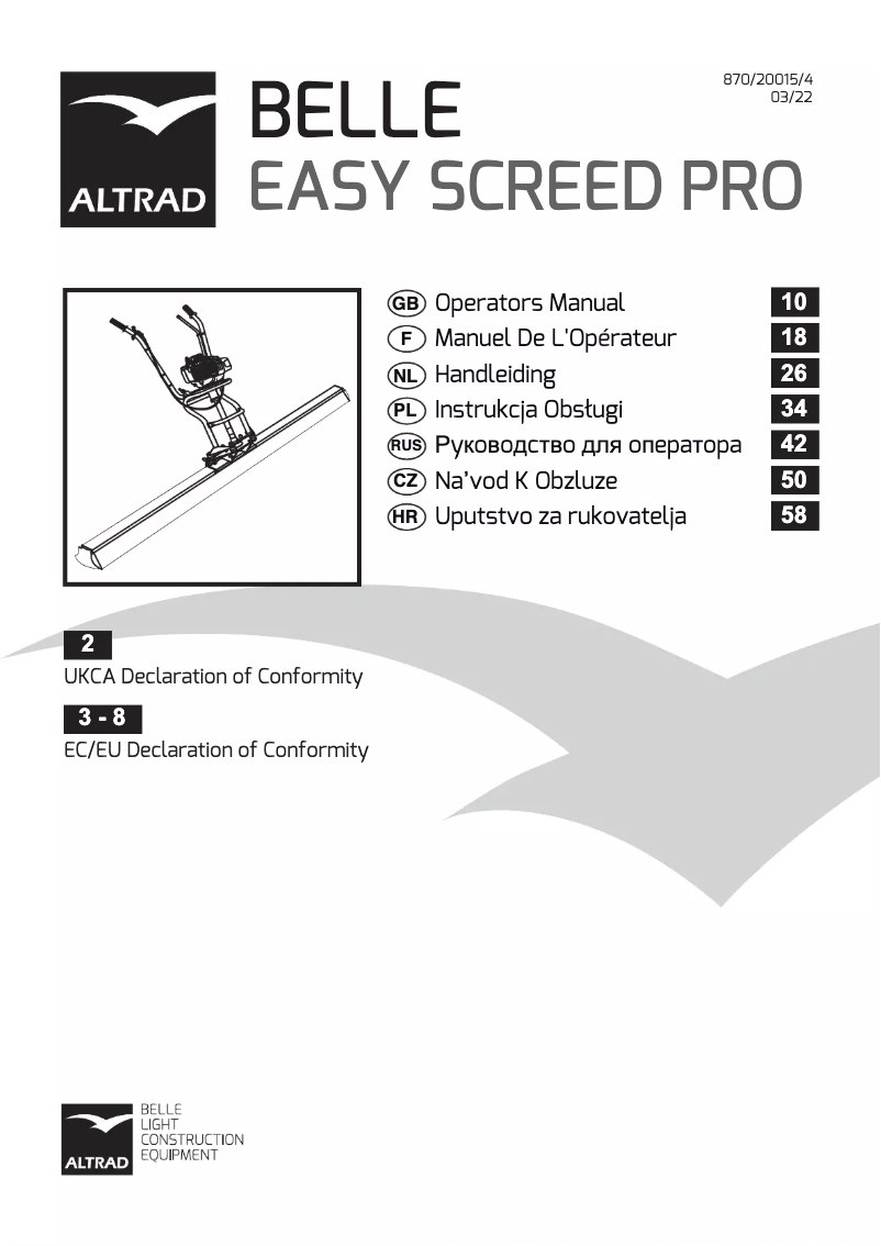 Page 1 de la notice Manuel utilisateur Altrad BELLE Easy Screed PRO