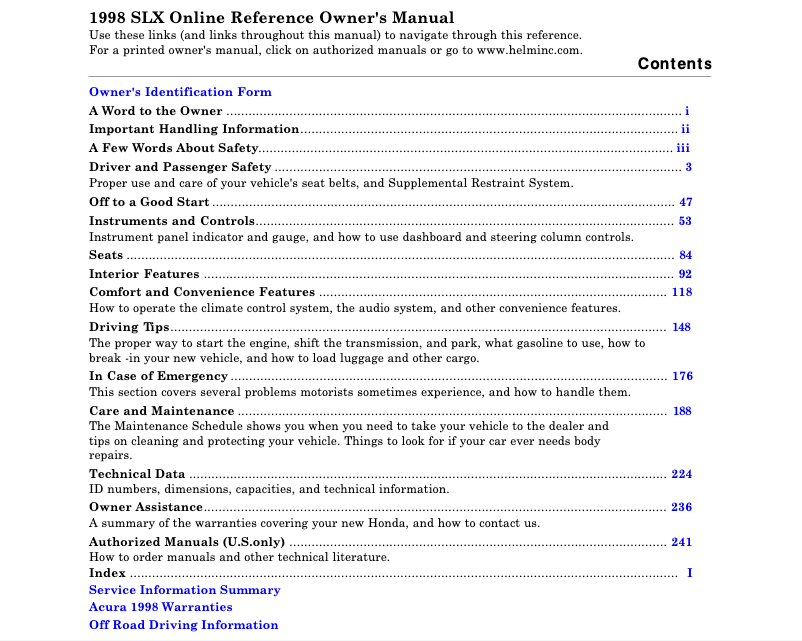 Page 1 de la notice Manuel utilisateur Honda Acura SLX (1998)
