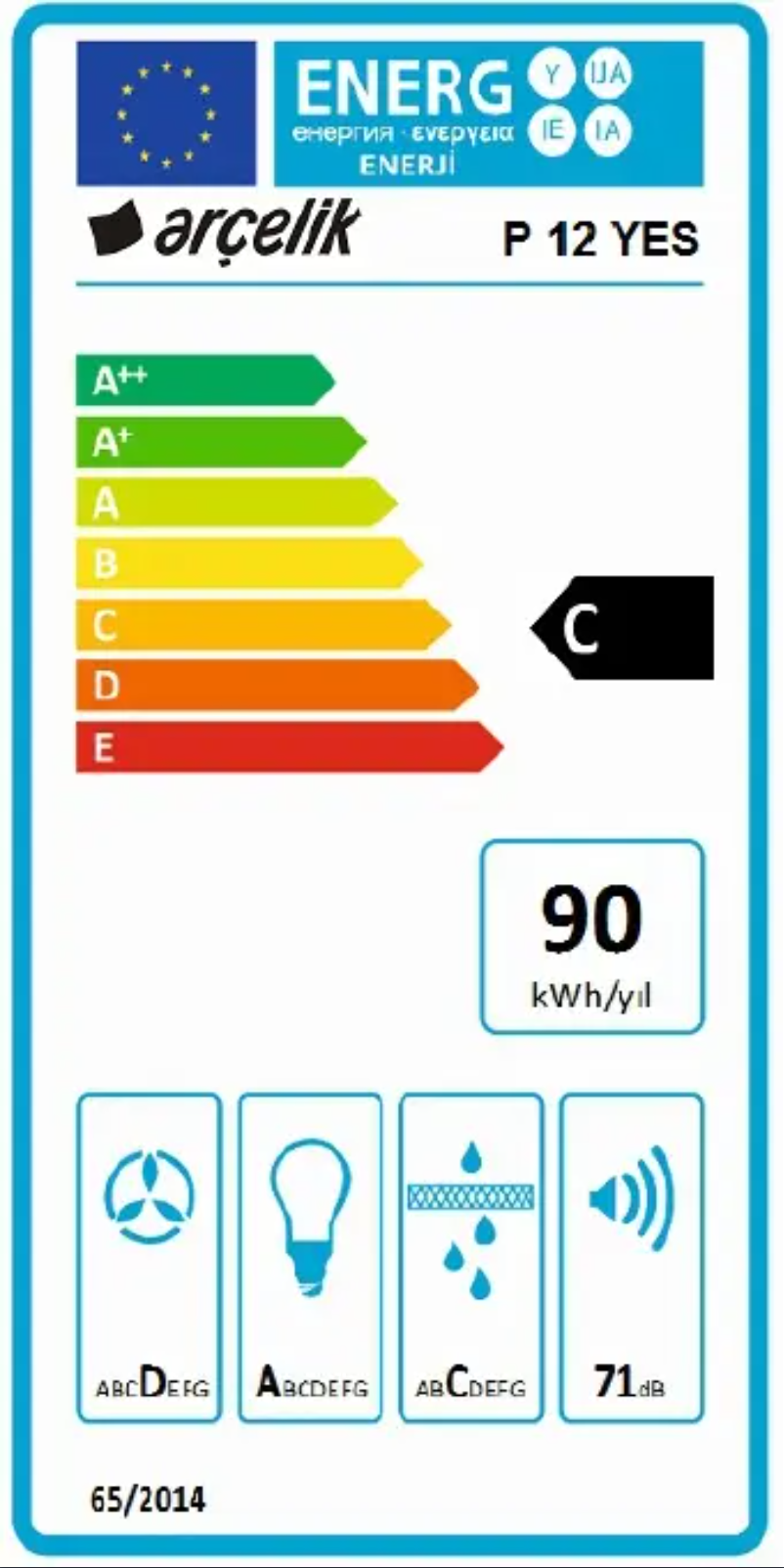 Page 1 de la notice Label énergétique Arçelik P 12 YES
