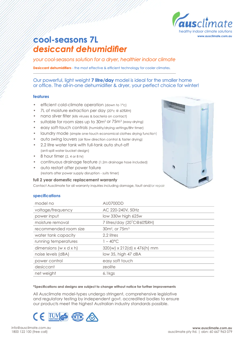 Image de la première page du manuel de l'appareil Cool Seasons 7L AU0700DD