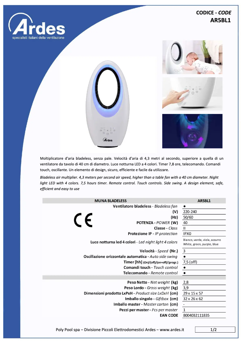 Page 1 de la notice Fiche technique Ardes AR5BL1