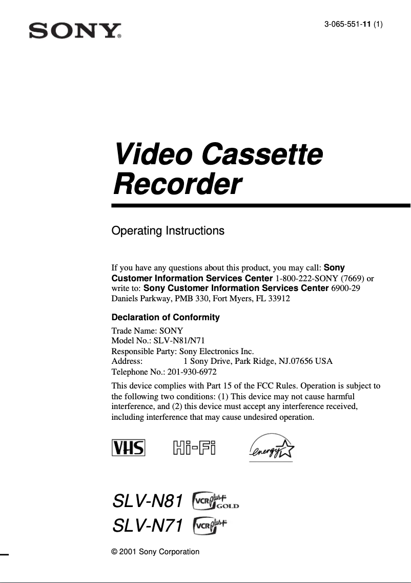 Image de la première page du manuel de l'appareil SLV-N71