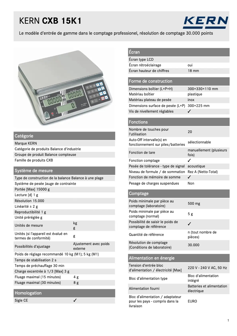 Page 1 de la notice Fiche technique Kern CXB 15K1