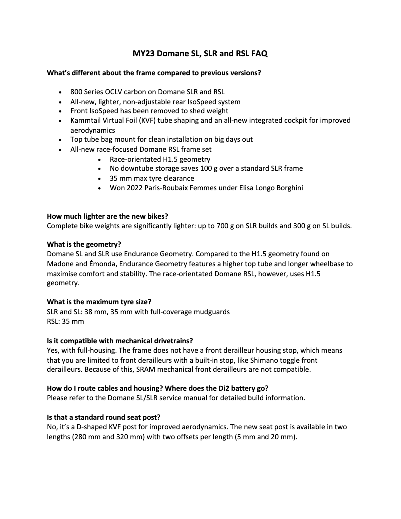 Page 1 de la notice FAQ Trek Domane RSL Frame Set Gen 4