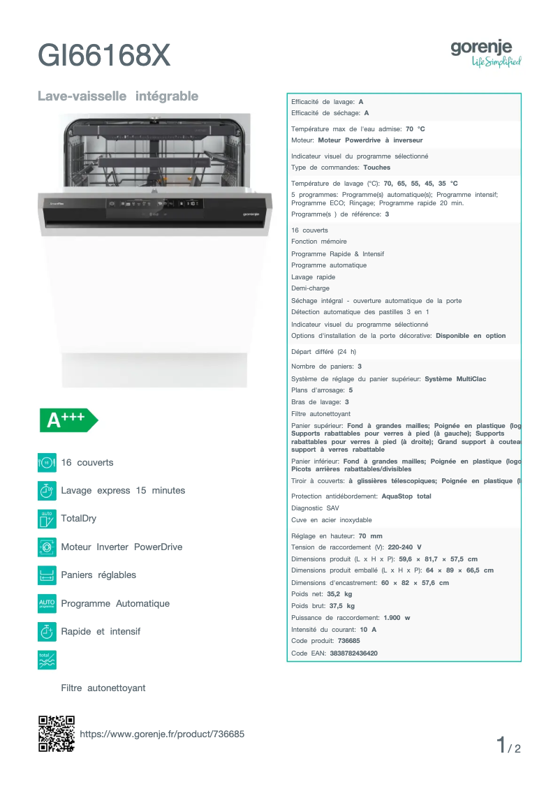 Page 1 de la notice Fiche technique Gorenje GI66168X