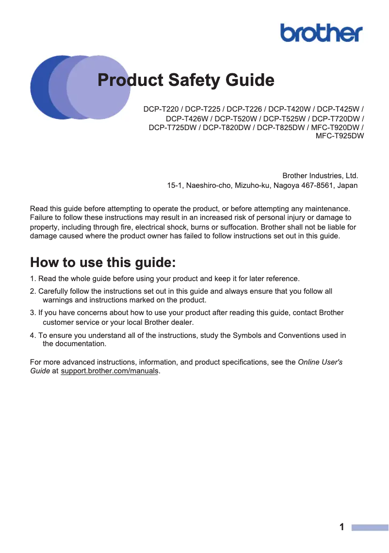 Page 1 de la notice Instructions de sécurité Brother DCP-T520W