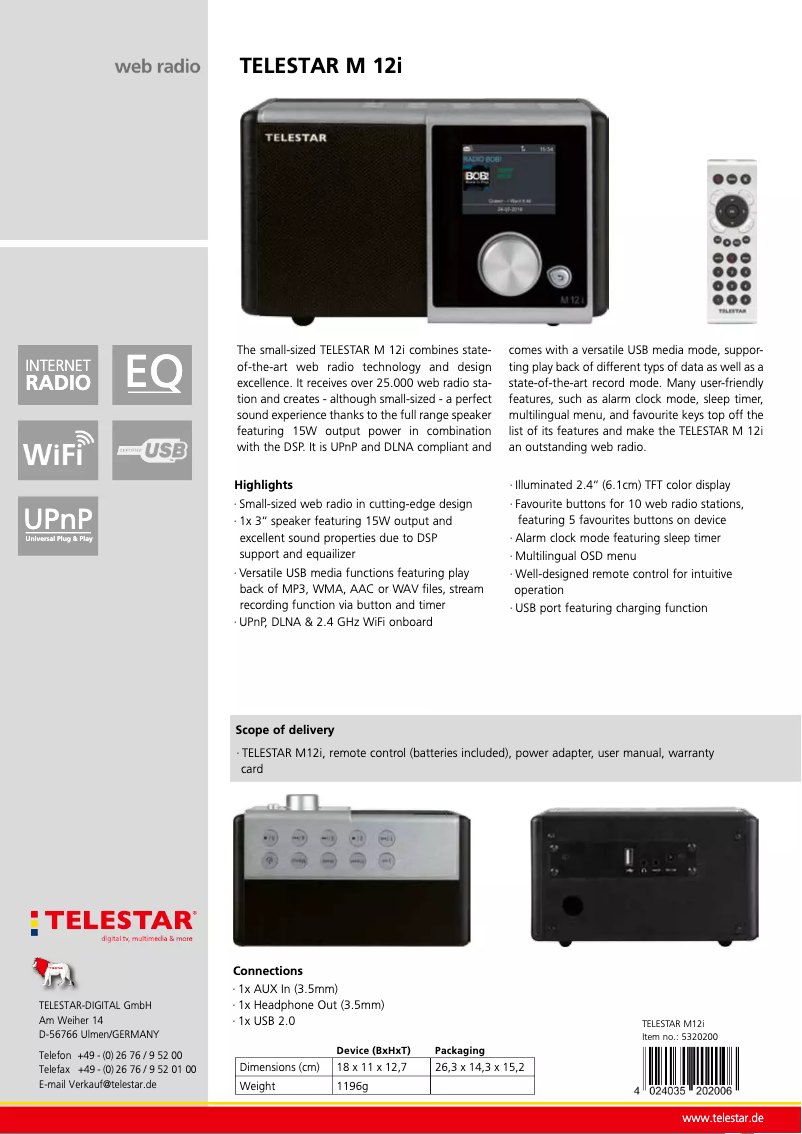Page 1 de la notice Fiche technique Telestar M 12i