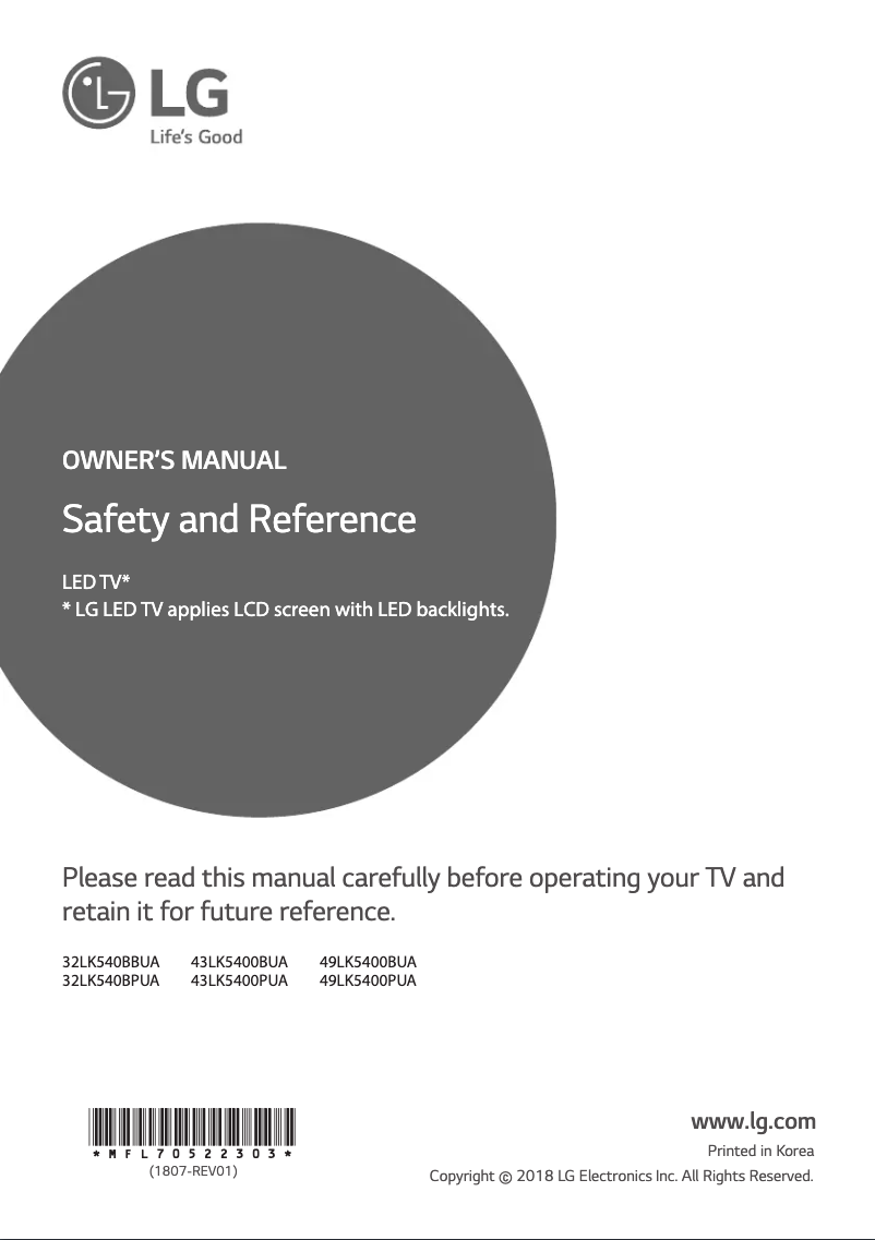 Page 1 de la notice Manuel utilisateur LG 49LK5400PUA