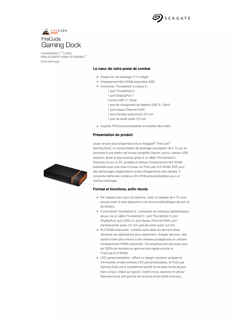 Page n°1 - Fiche technique Seagate FireCuda Gaming Dock