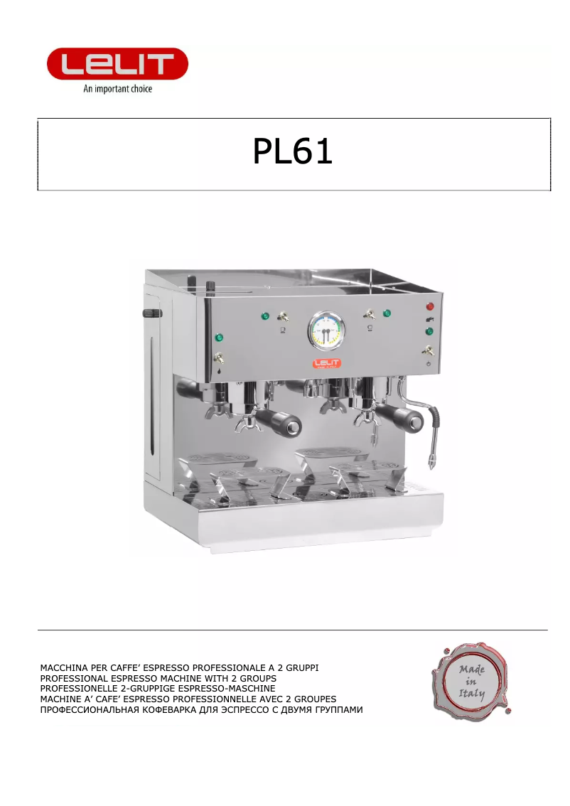 Page n°1 - Manuel utilisateur Lelit Silvana PL61