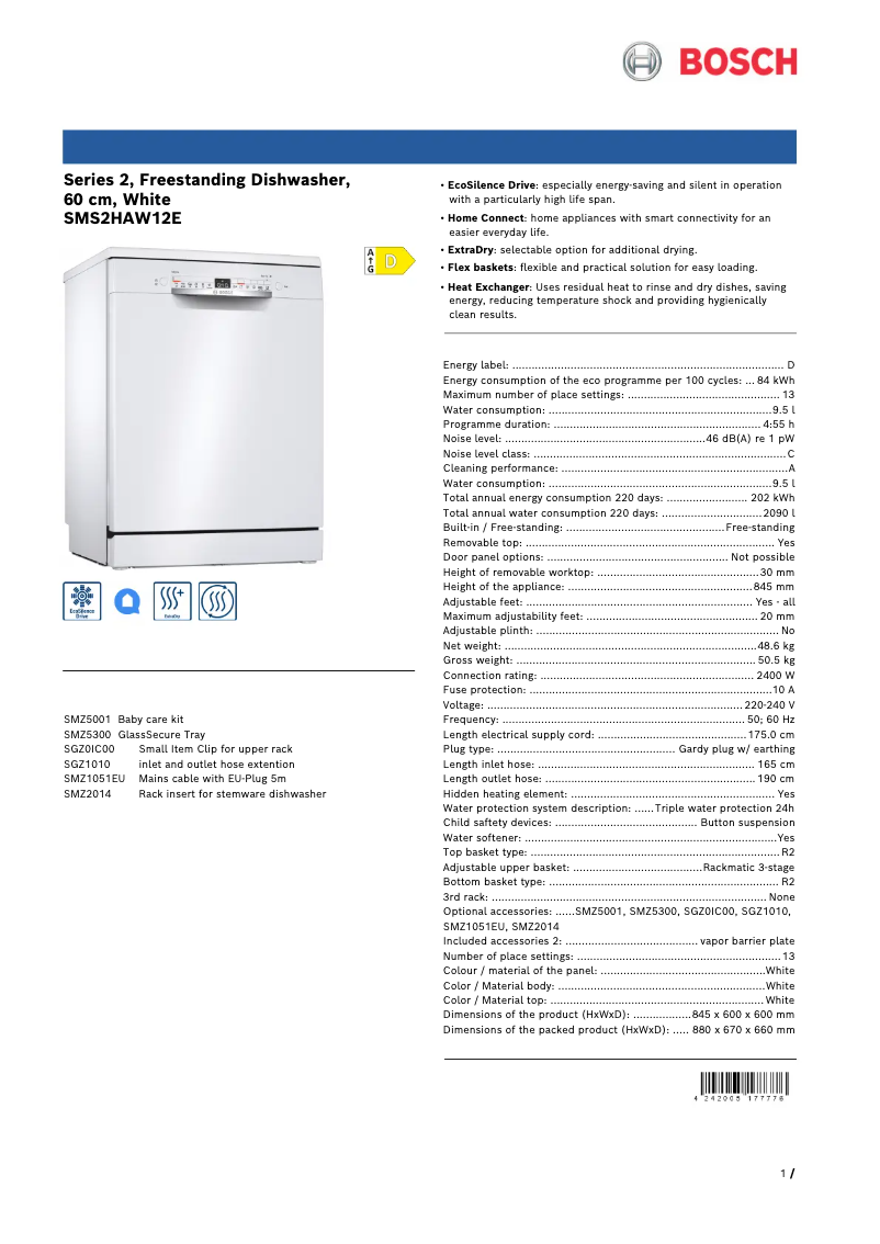 Página 1 del manual Ficha técnica Bosch SMS2HAW12E