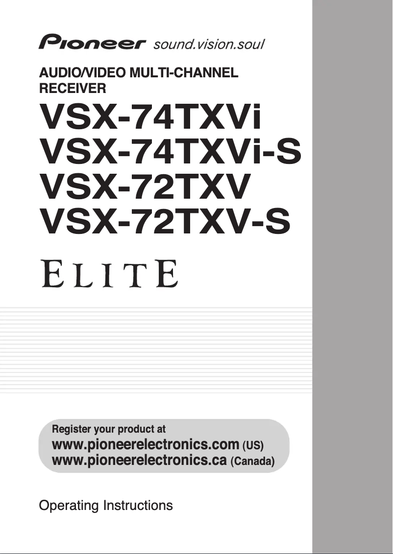 Image de la première page du manuel de l'appareil Elite VSX-74TXVIS